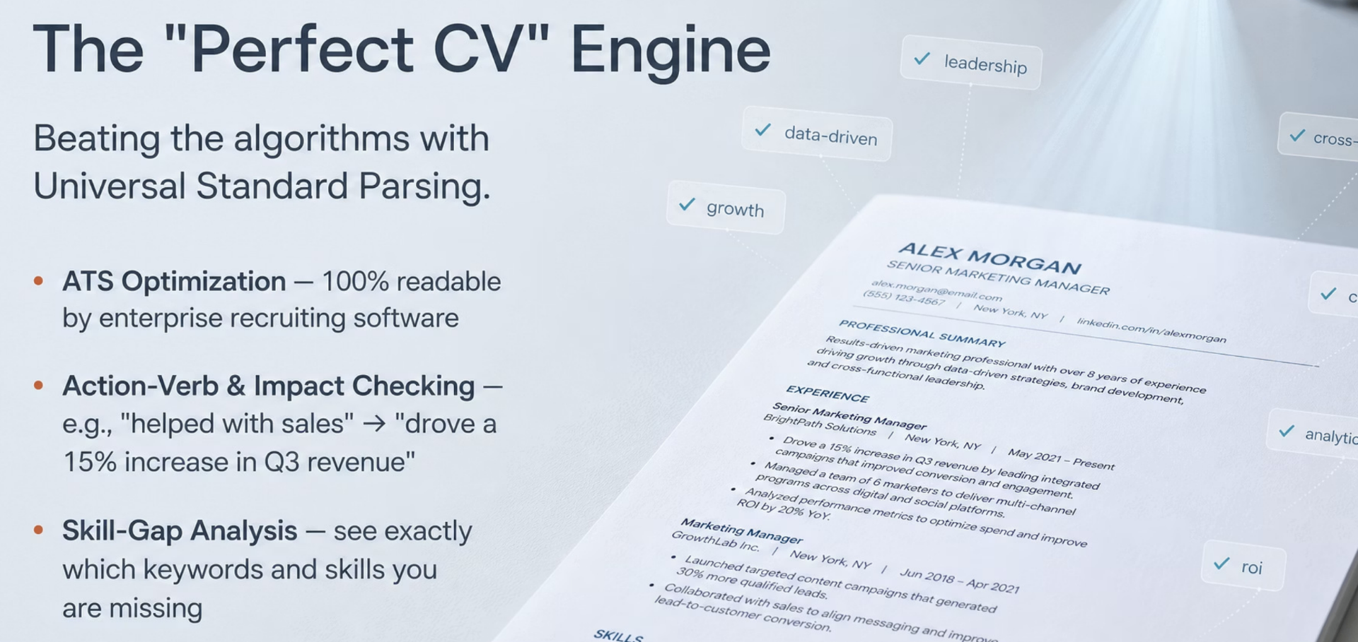 A resume analysis visual showing profile tags and CV optimisation signals.