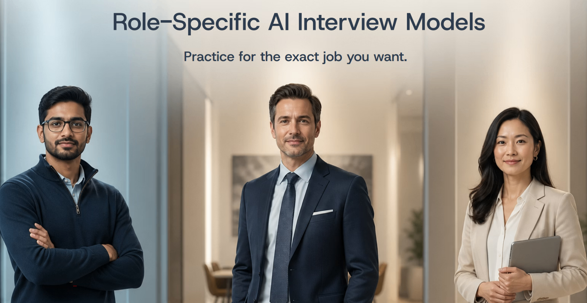 Three professional interviewer personas representing role-specific AI interview models.