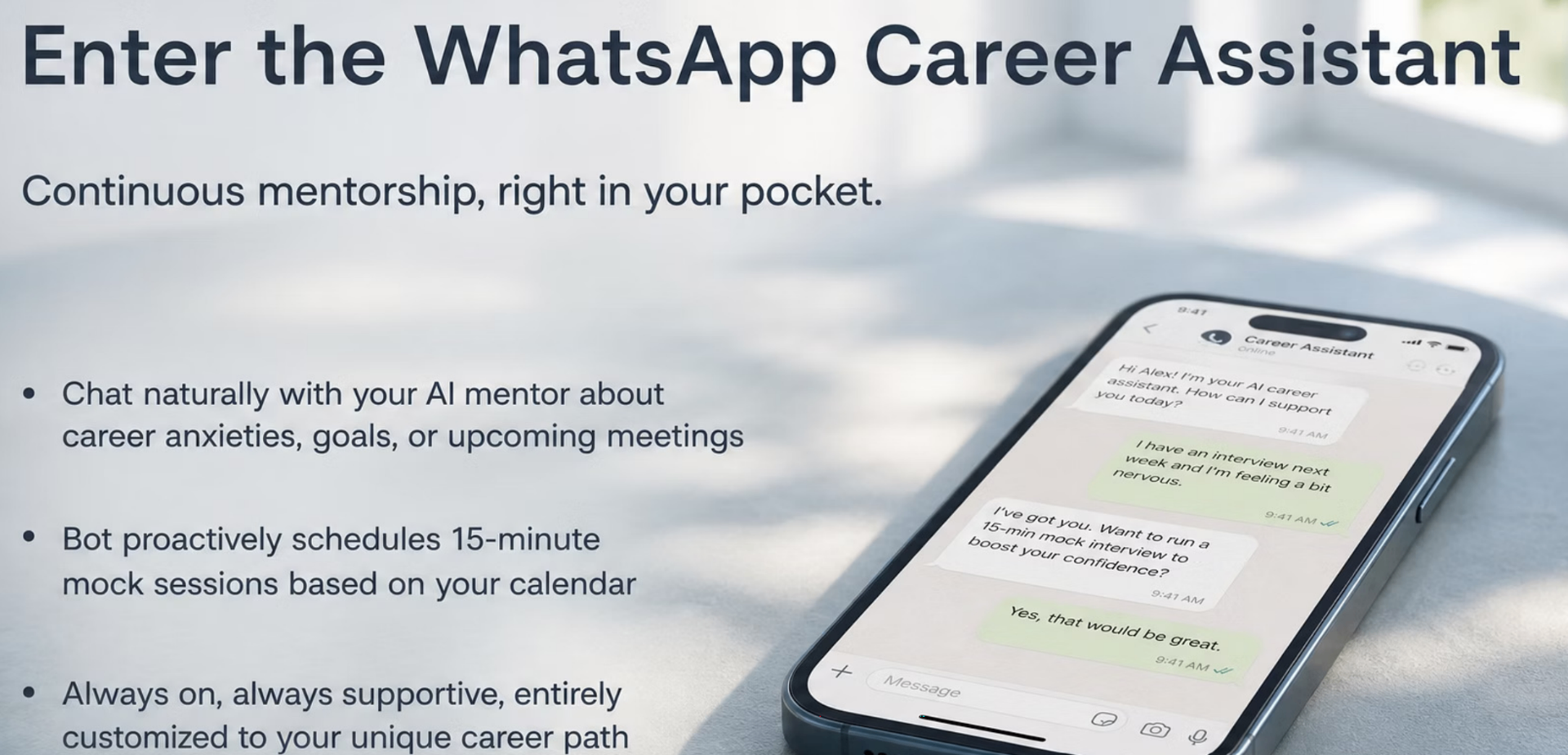 A phone displaying a chat-based career assistant conversation.