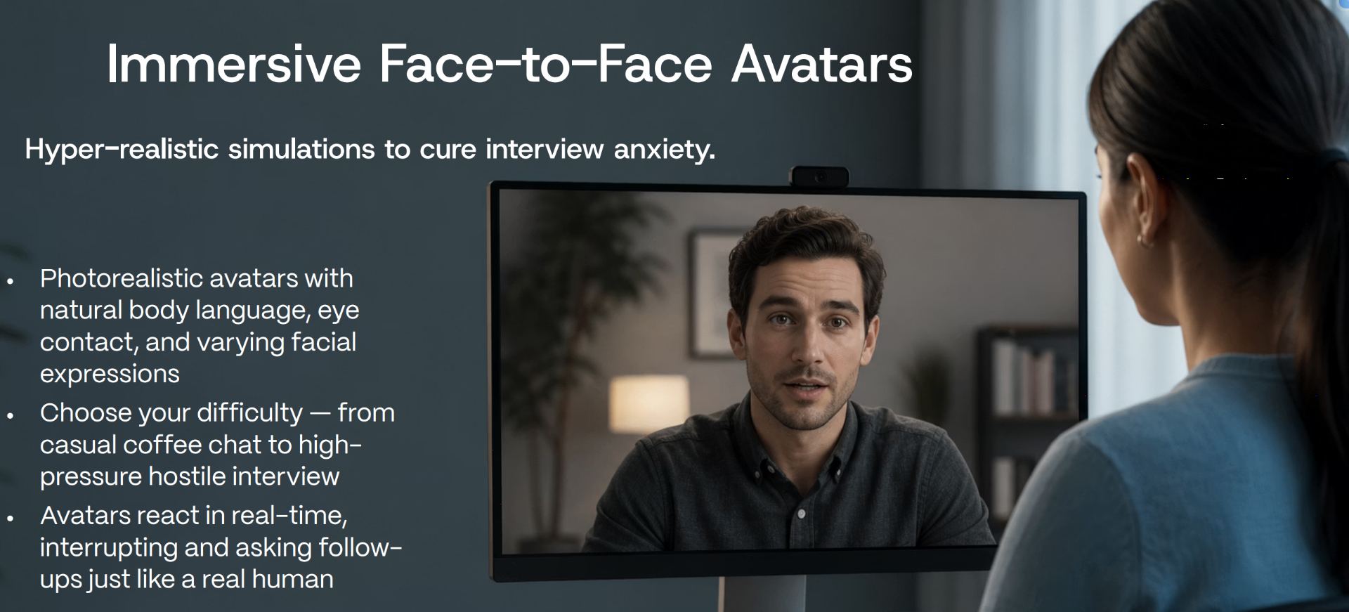 A candidate facing a lifelike AI interviewer on screen during a simulated interview.
