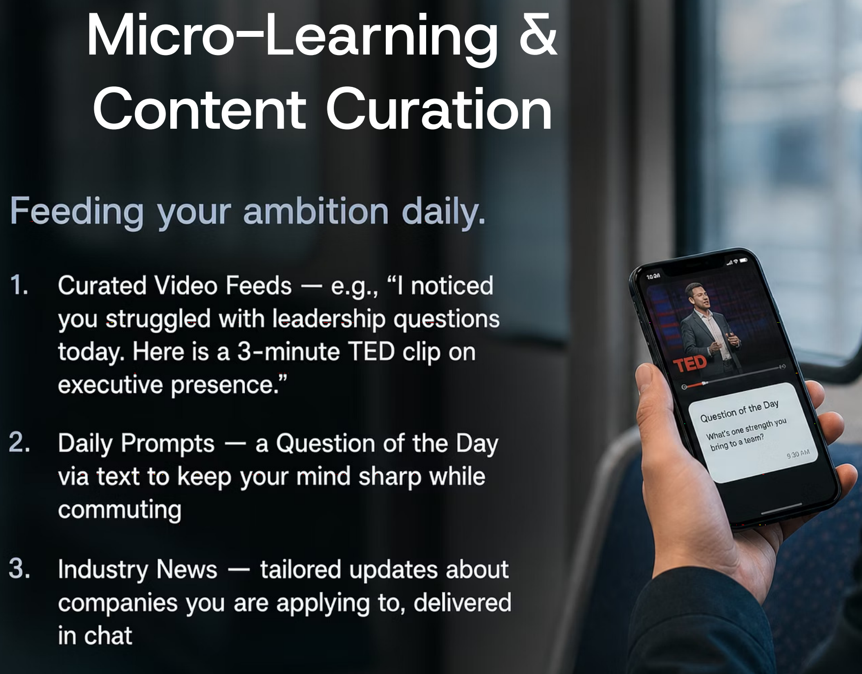 A dark content curation visual with a phone showing daily learning prompts.