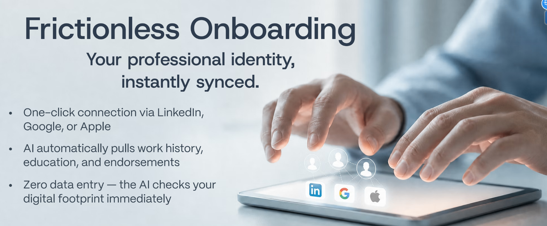 Hands above a tablet showing connected identity providers for fast Intelview onboarding.